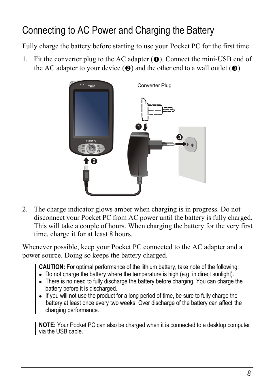 Connecting to ac power and charging the battery | Mio pmn User Manual | Page 16 / 100