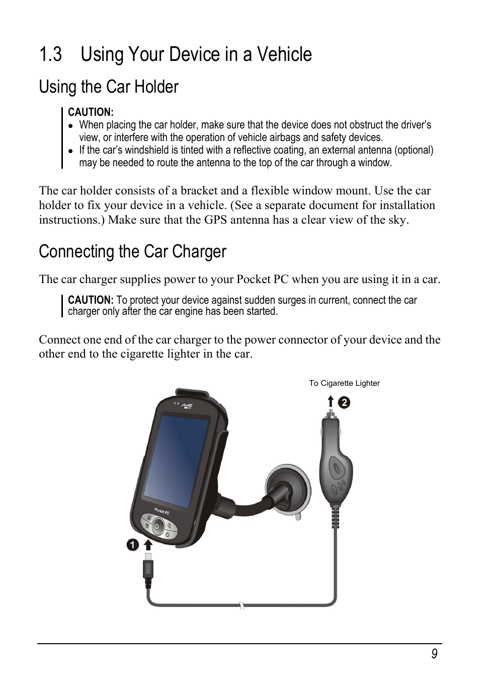 3 using your device in a vehicle, Using the car holder, Connecting the car charger | Mio pmn User Manual | Page 17 / 100
