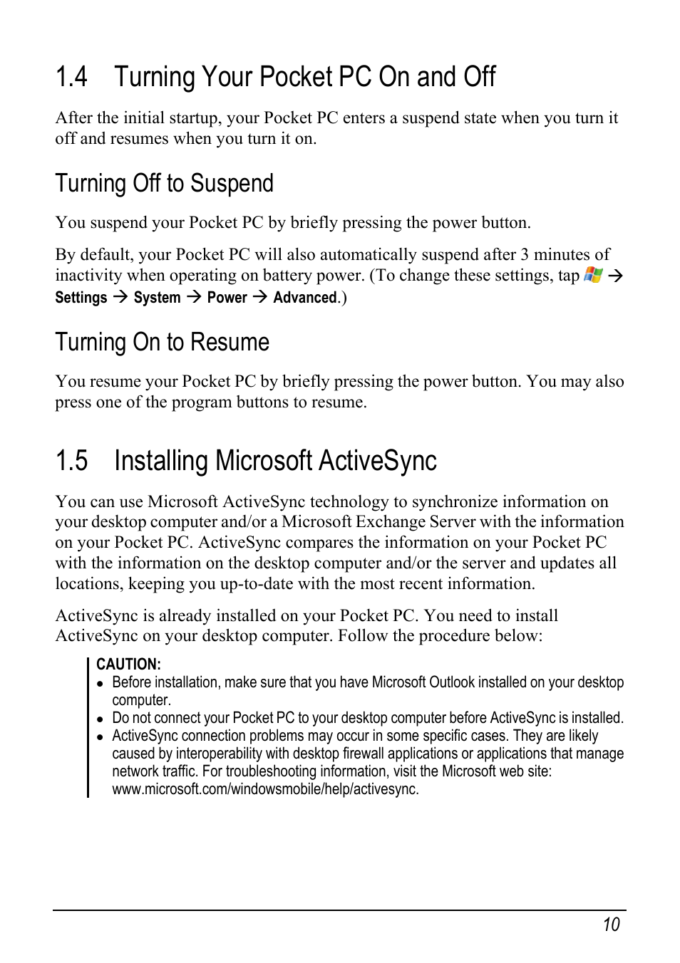 4 turning your pocket pc on and off, Turning off to suspend, Turning on to resume | 5 installing microsoft activesync | Mio pmn User Manual | Page 18 / 100