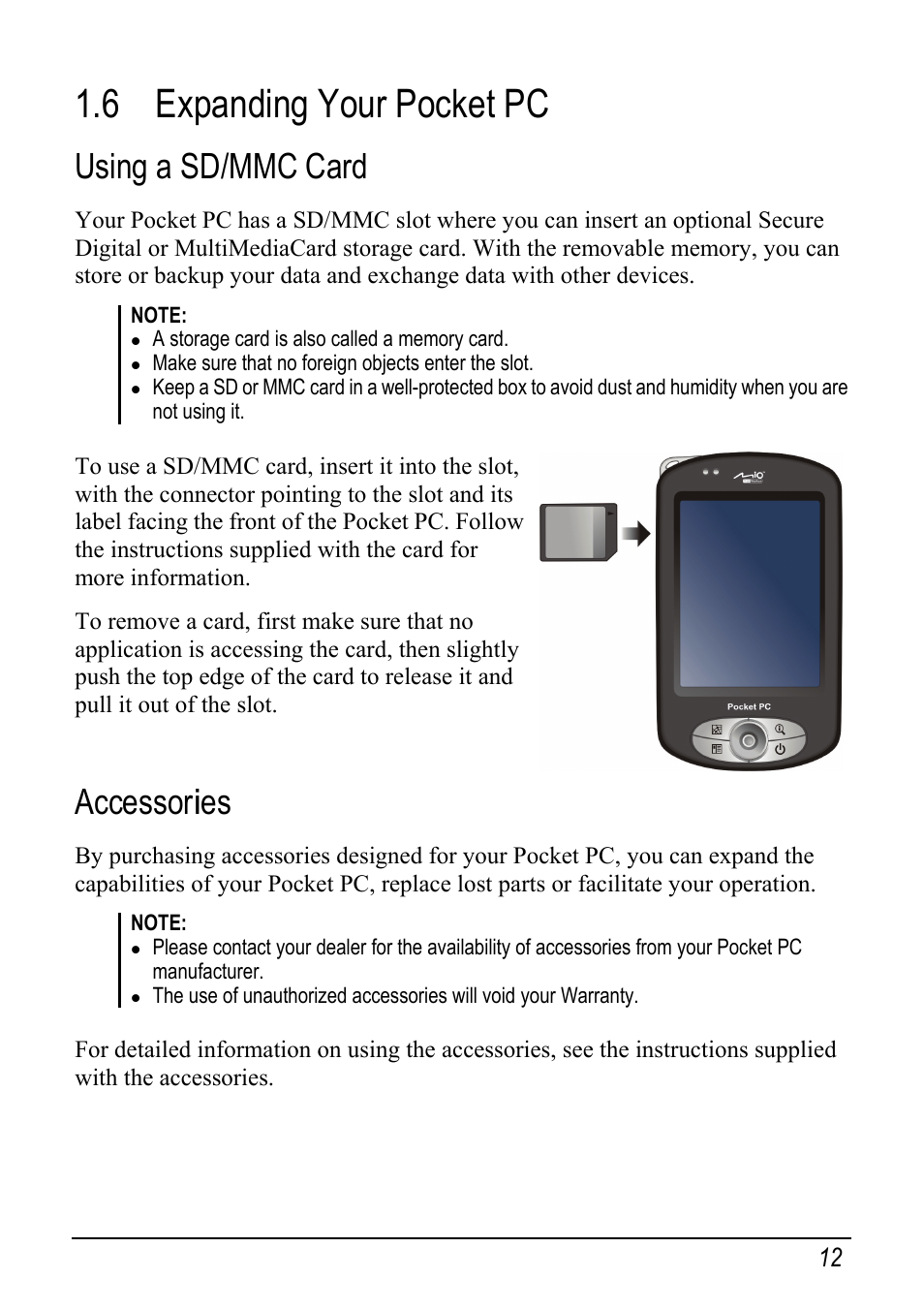 6 expanding your pocket pc, Using a sd/mmc card, Accessories | Mio pmn User Manual | Page 20 / 100
