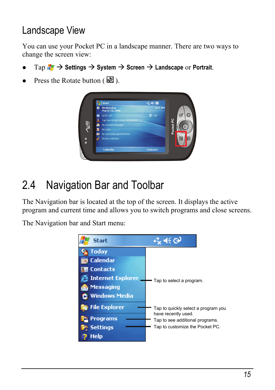 Landscape view, 4 navigation bar and toolbar | Mio pmn User Manual | Page 23 / 100