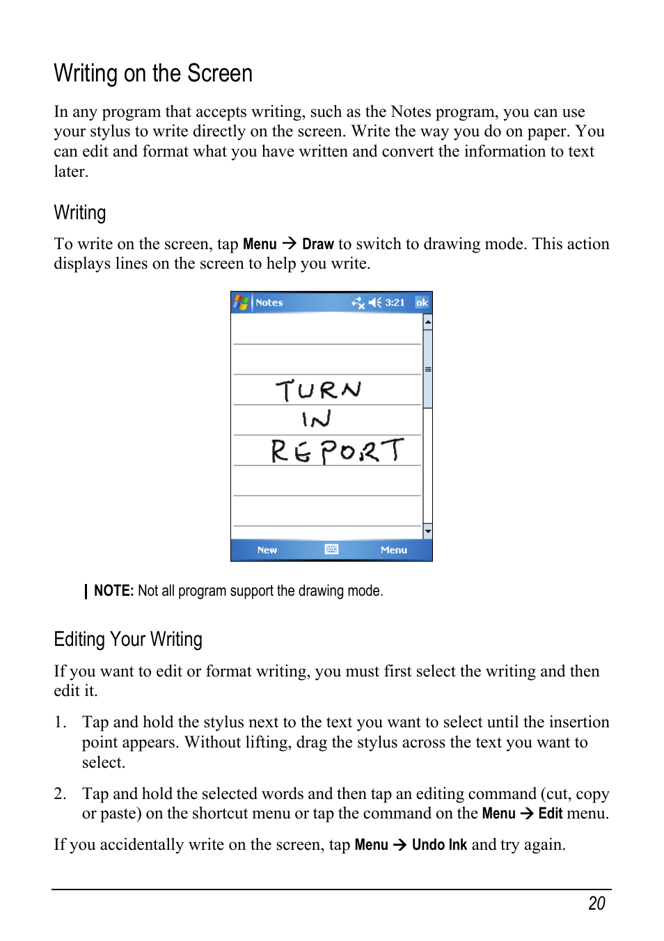 Writing on the screen, Writing, Editing your writing | Mio pmn User Manual | Page 28 / 100