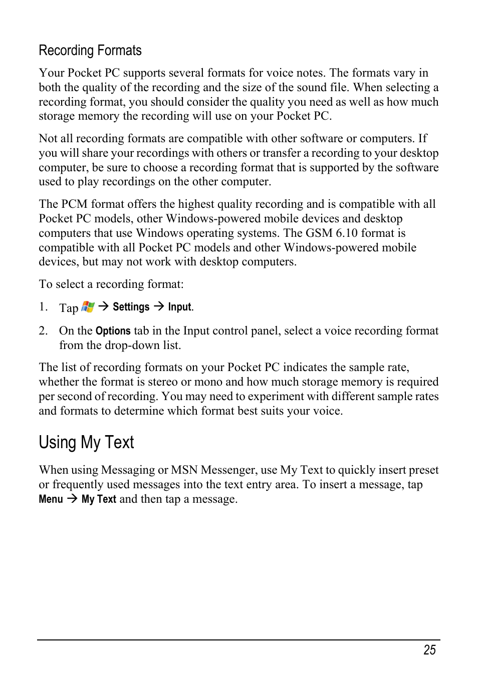 Using my text, Recording formats | Mio pmn User Manual | Page 33 / 100