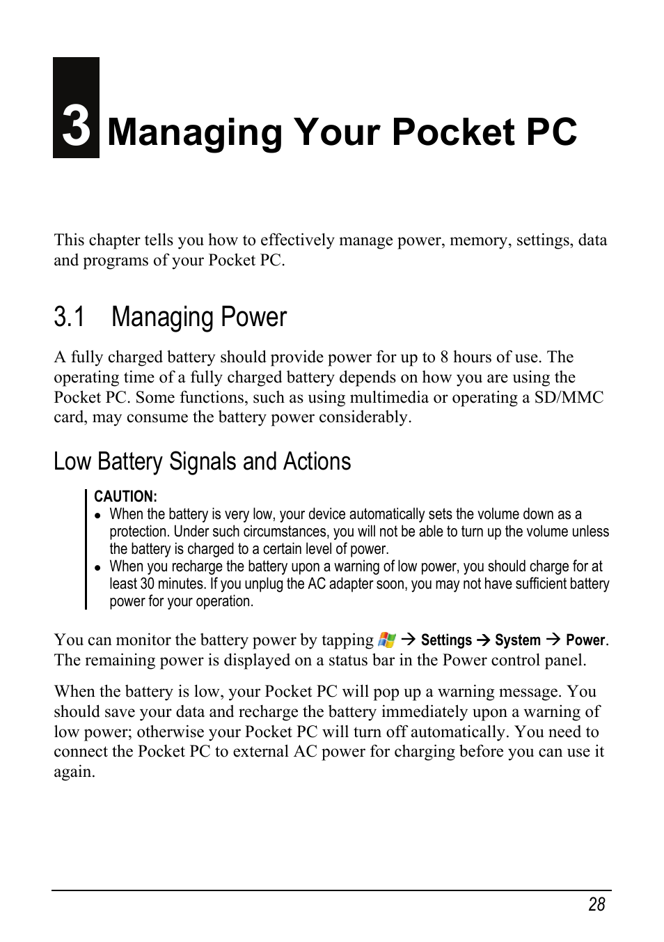 3 managing your pocket pc, 1 managing power, Low battery signals and actions | Managing your pocket pc | Mio pmn User Manual | Page 36 / 100