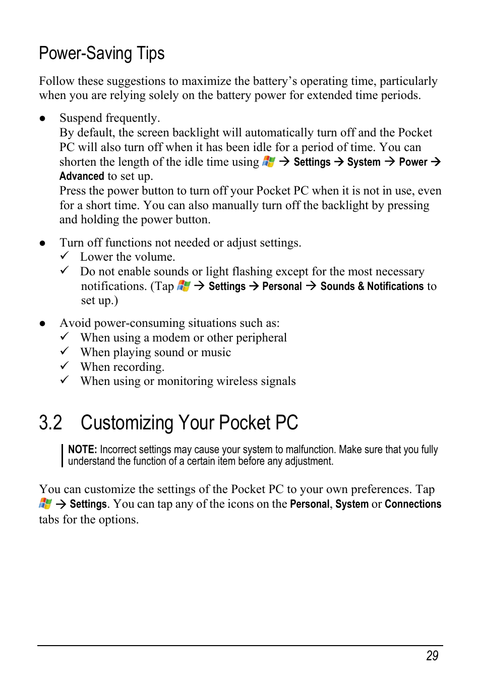 Power-saving tips, 2 customizing your pocket pc | Mio pmn User Manual | Page 37 / 100