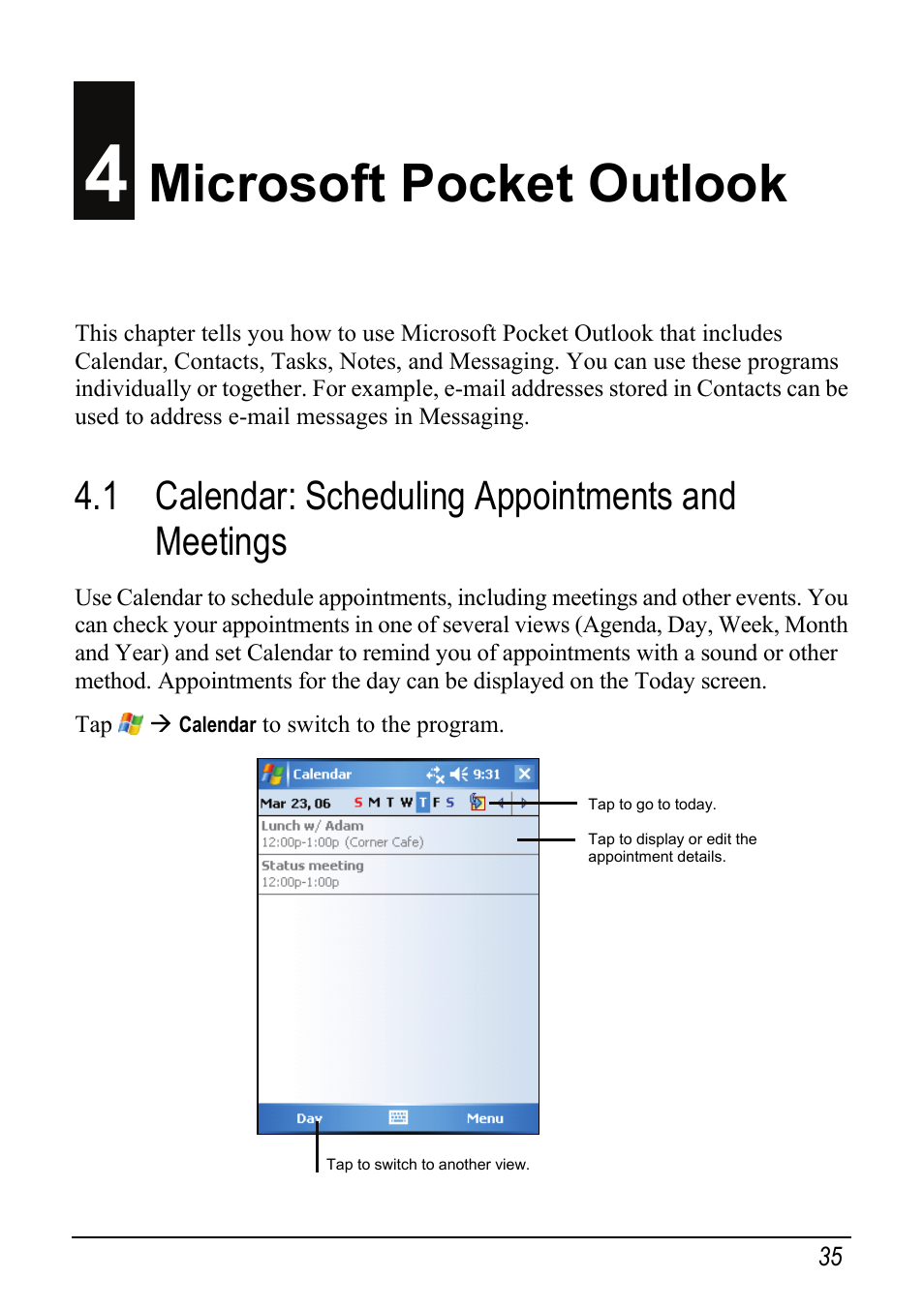 4 microsoft pocket outlook, 1 calendar: scheduling appointments and meetings, Microsoft pocket outlook | Mio pmn User Manual | Page 43 / 100