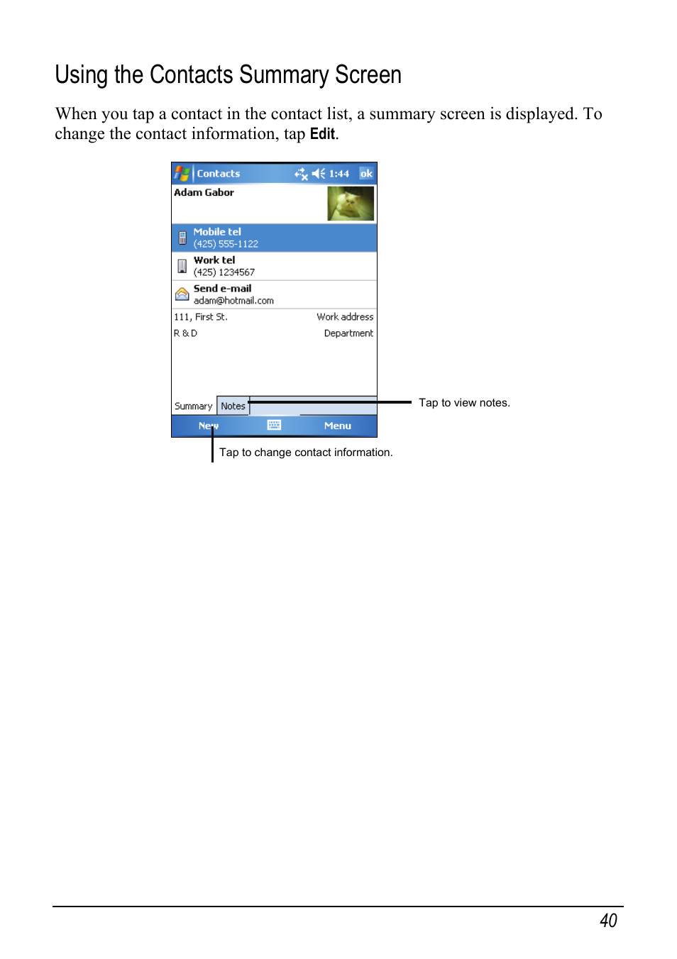 Using the contacts summary screen | Mio pmn User Manual | Page 48 / 100