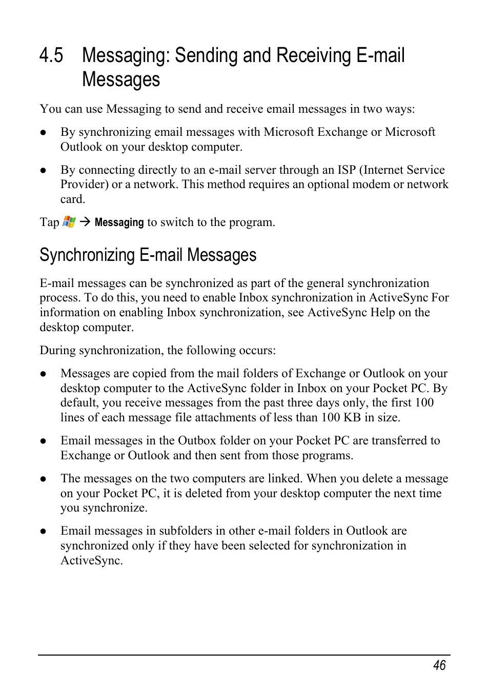 5 messaging: sending and receiving e-mail messages, Synchronizing e-mail messages | Mio pmn User Manual | Page 54 / 100