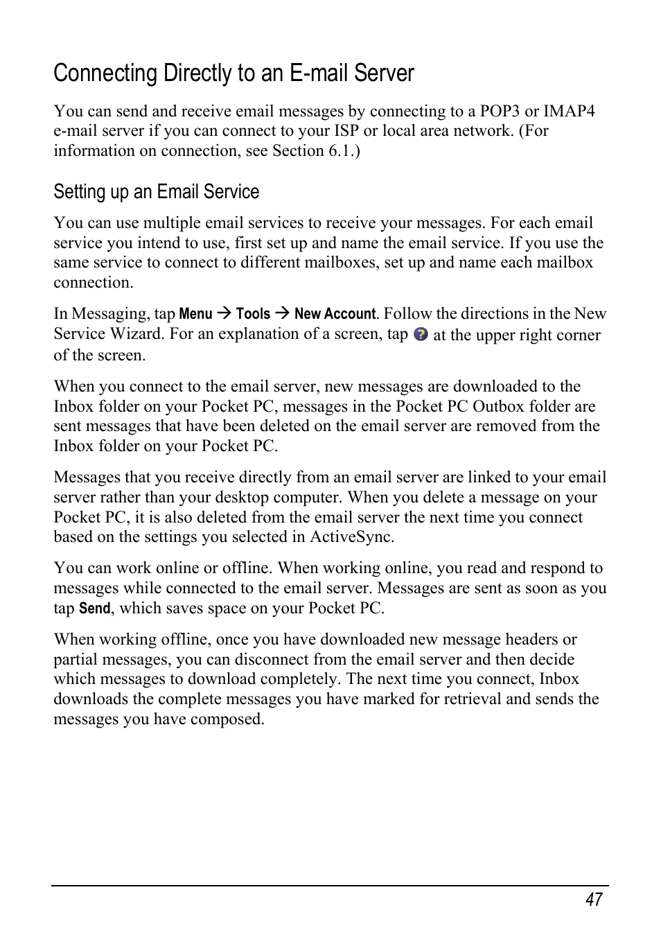 Connecting directly to an e-mail server, Setting up an email service | Mio pmn User Manual | Page 55 / 100