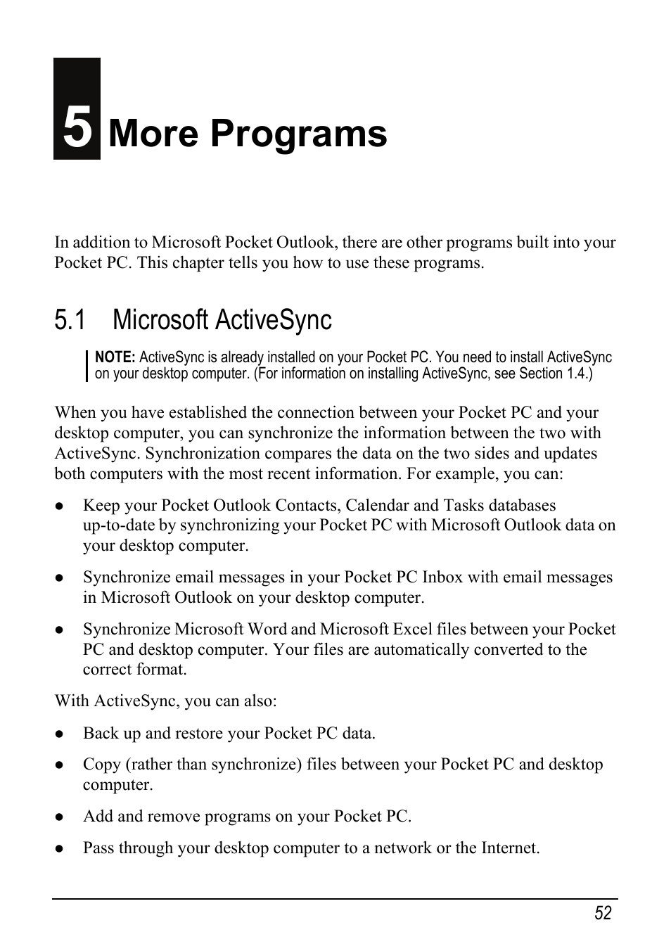 5 more programs, 1 microsoft activesync, More programs | Mio pmn User Manual | Page 60 / 100