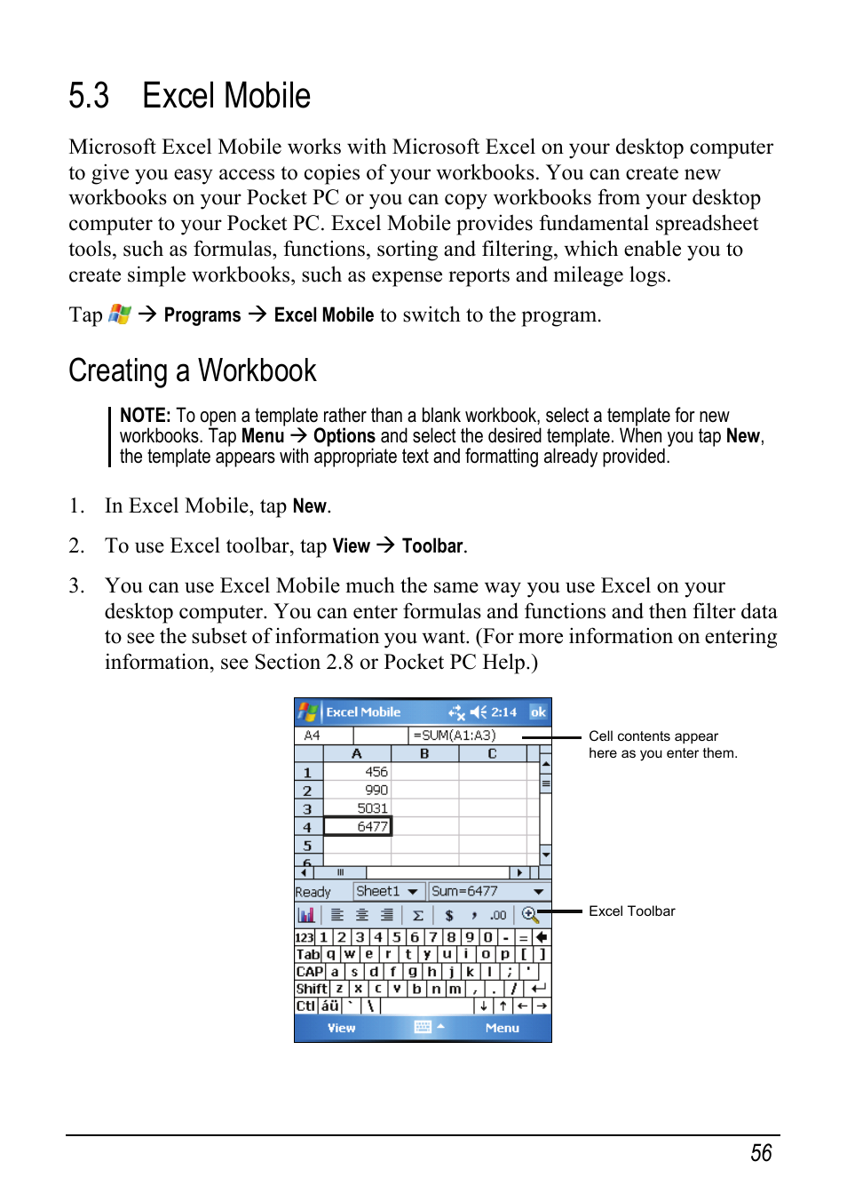 3 excel mobile, Creating a workbook | Mio pmn User Manual | Page 64 / 100