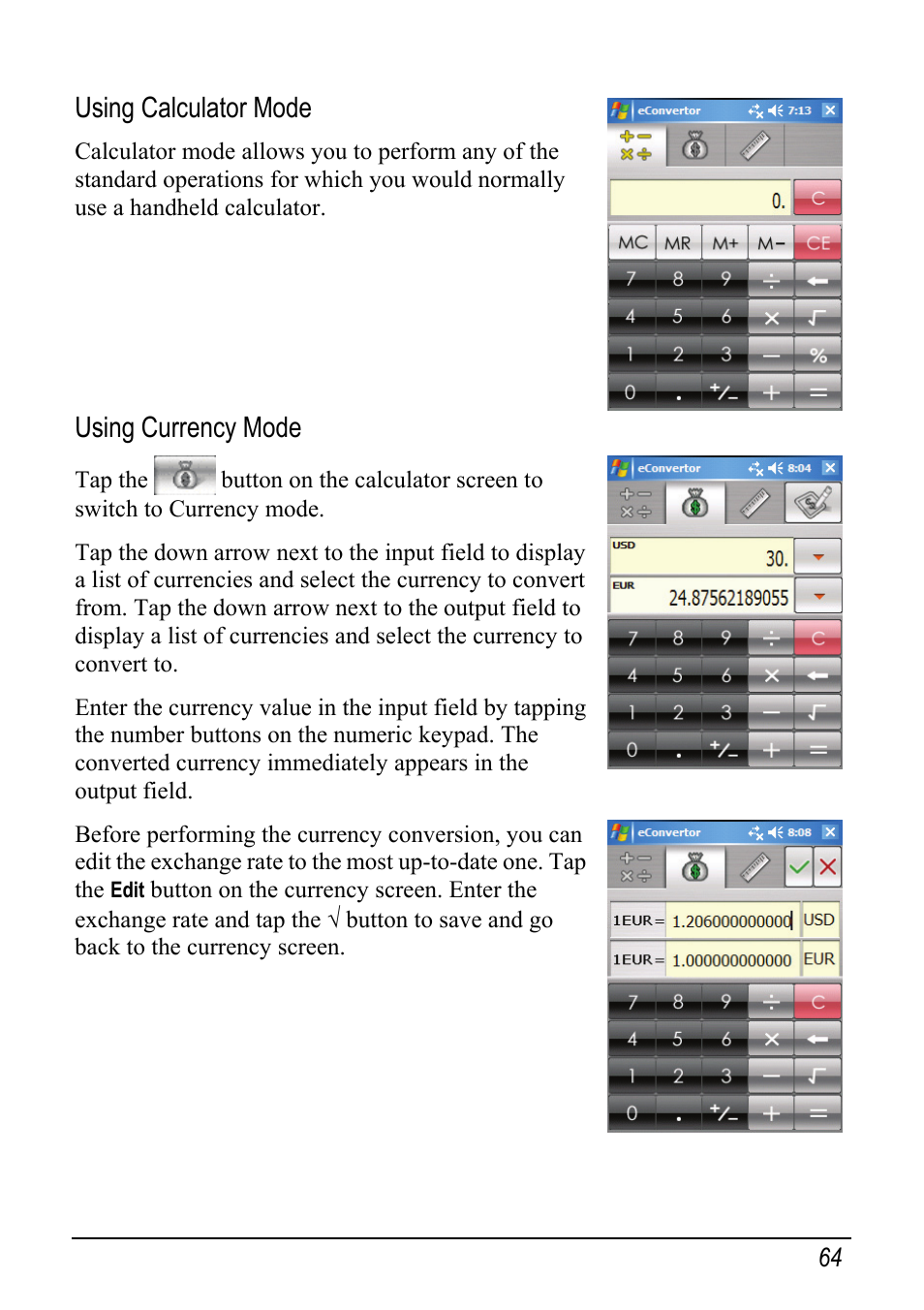 Using calculator mode, Using currency mode | Mio pmn User Manual | Page 72 / 100