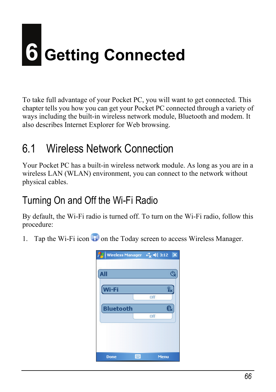 6 getting connected, 1 wireless network connection, Turning on and off the wi-fi radio | Getting connected | Mio pmn User Manual | Page 74 / 100