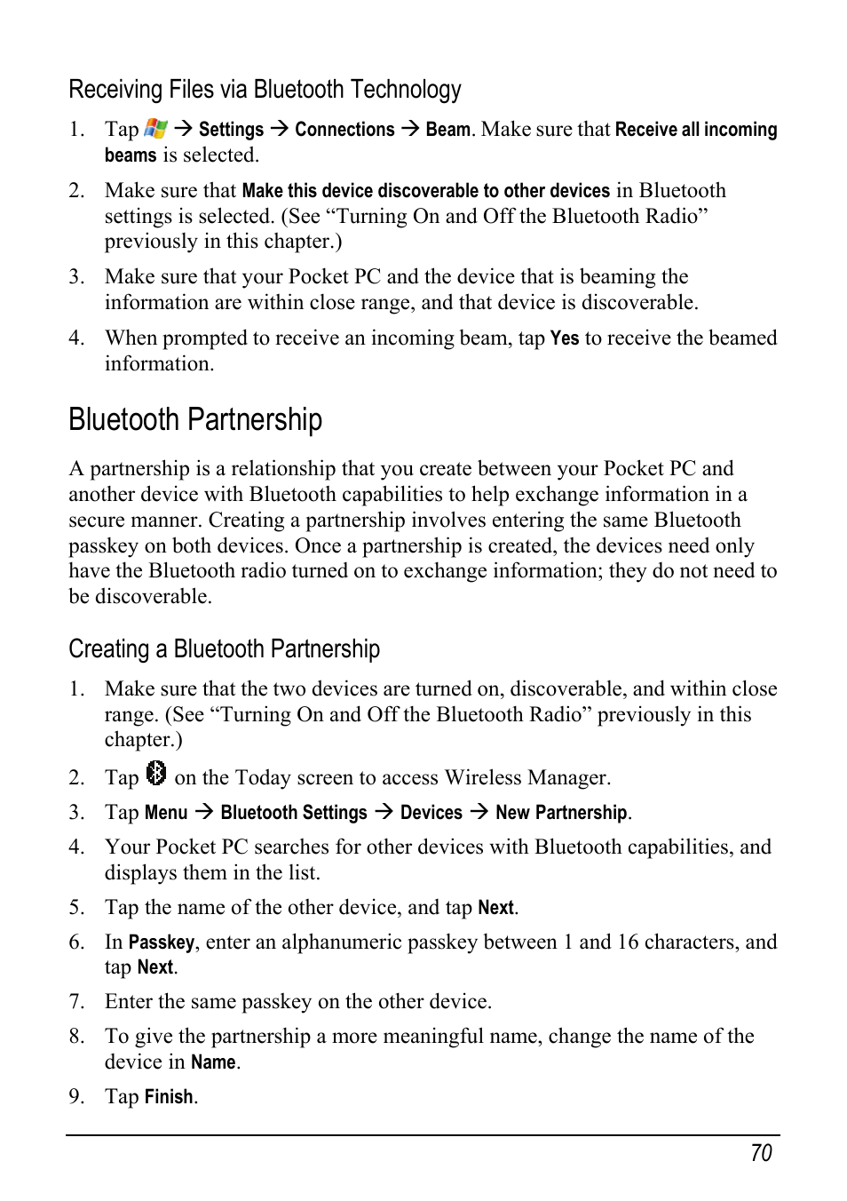 Bluetooth partnership, Receiving files via bluetooth technology, Creating a bluetooth partnership | Mio pmn User Manual | Page 78 / 100