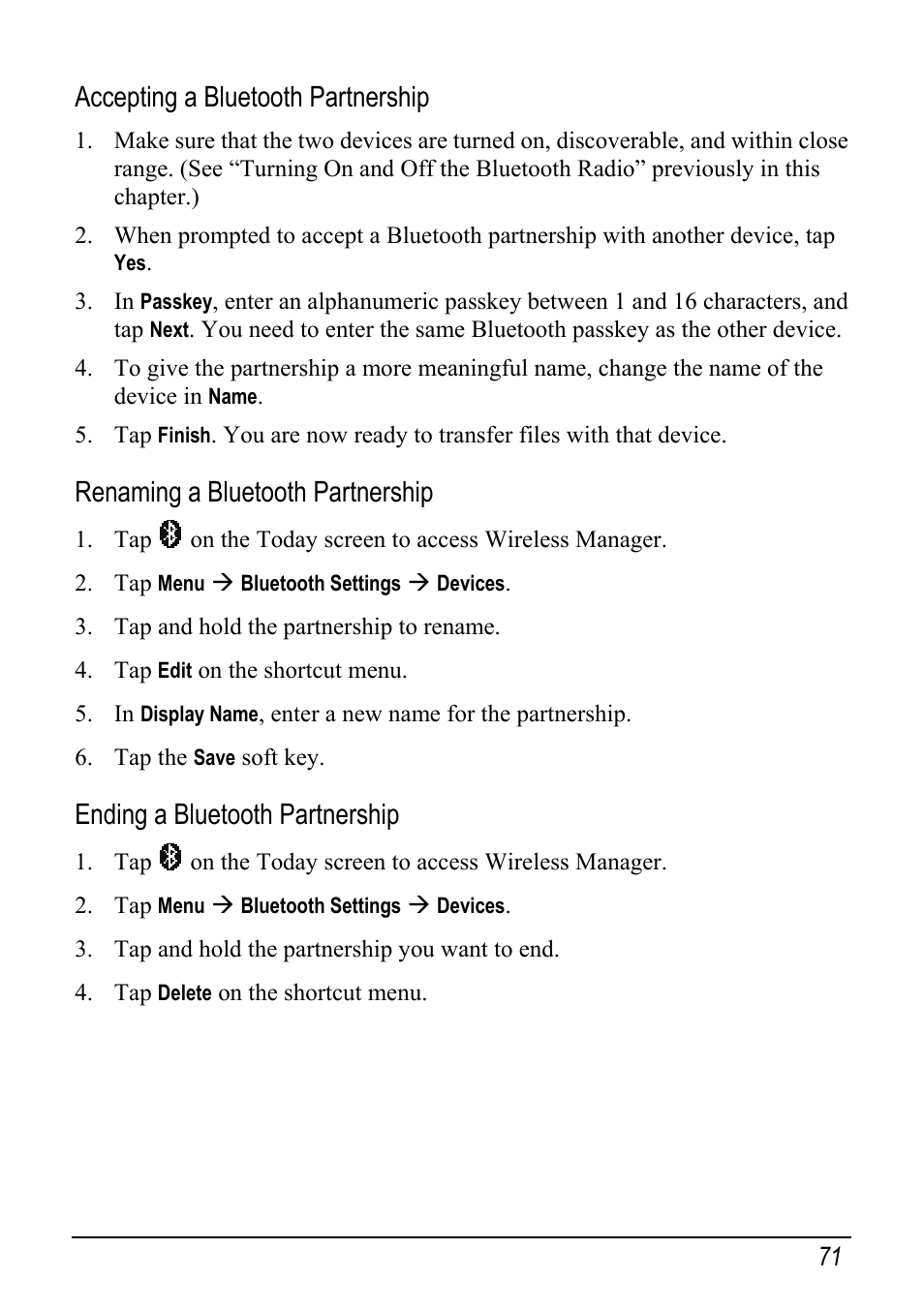 Accepting a bluetooth partnership, Renaming a bluetooth partnership, Ending a bluetooth partnership | Mio pmn User Manual | Page 79 / 100