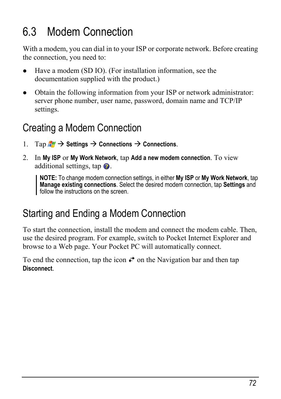 3 modem connection, Creating a modem connection, Starting and ending a modem connection | Mio pmn User Manual | Page 80 / 100