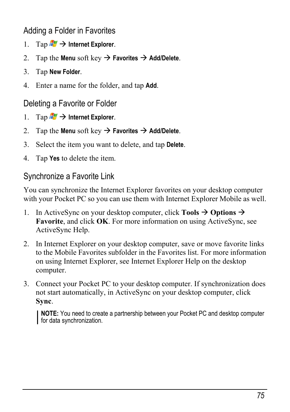 Adding a folder in favorites, Deleting a favorite or folder, Synchronize a favorite link | Mio pmn User Manual | Page 83 / 100