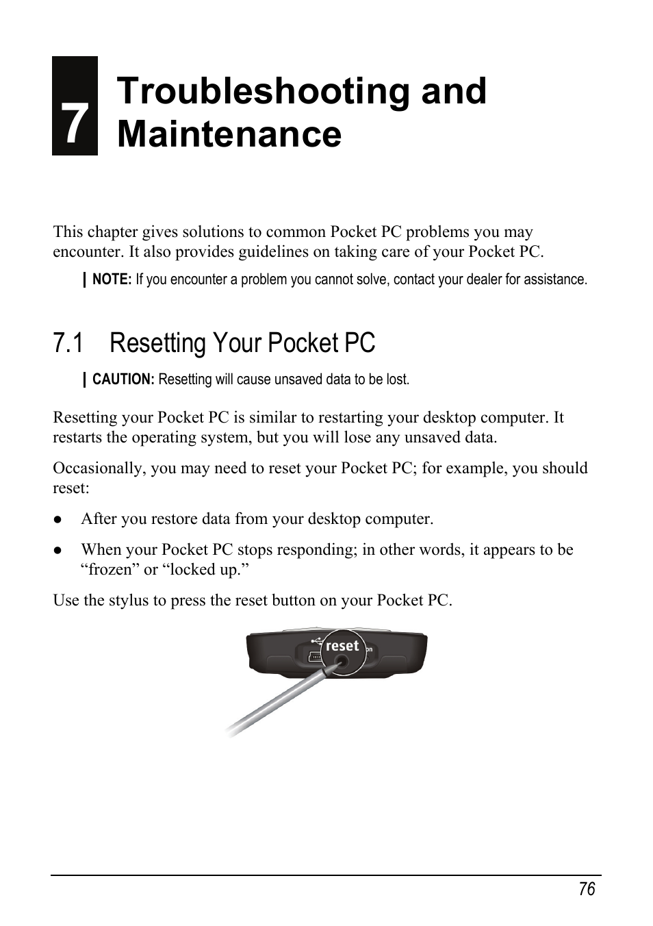 7 troubleshooting and maintenance, 1 resetting your pocket pc, Troubleshooting and maintenance | Mio pmn User Manual | Page 84 / 100