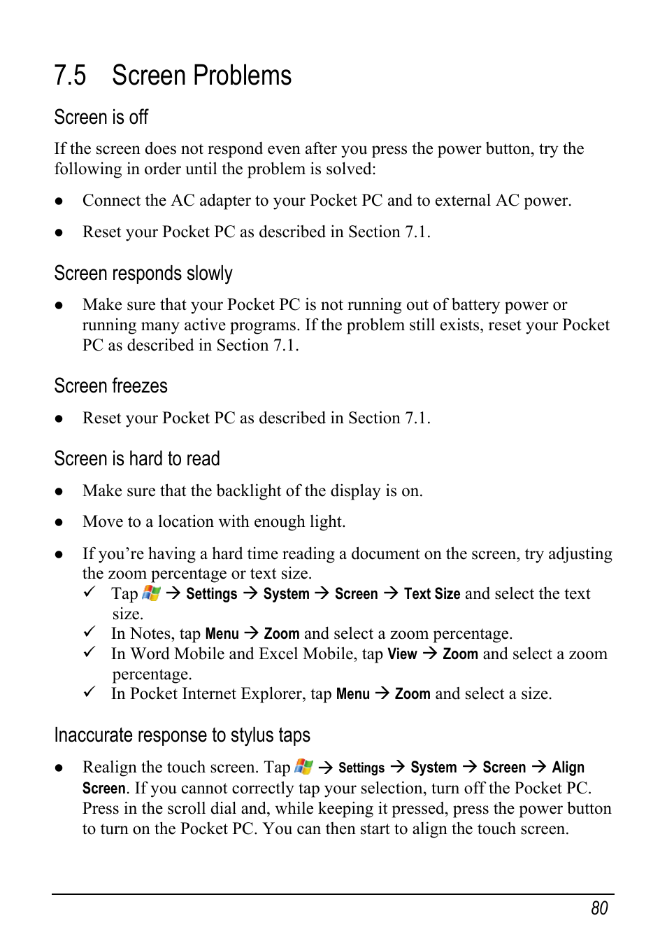 5 screen problems, Screen is off, Screen is hard to read | Een responds slowly, Screen freezes, Inaccurate response to stylus taps | Mio pmn User Manual | Page 88 / 100
