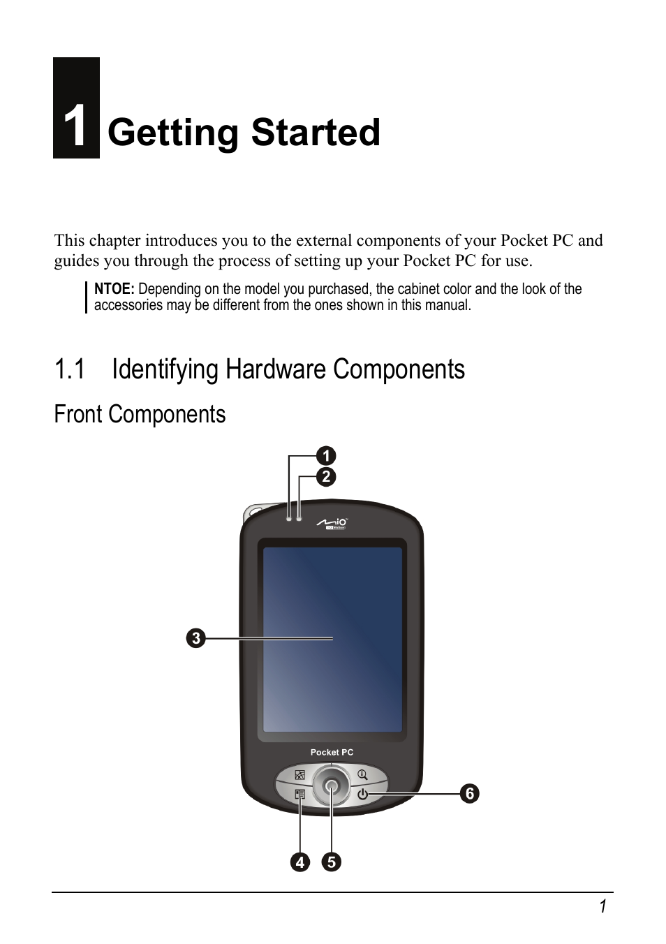 1 getting started, 1 identifying hardware components, Front components | Getting started | Mio pmn User Manual | Page 9 / 100