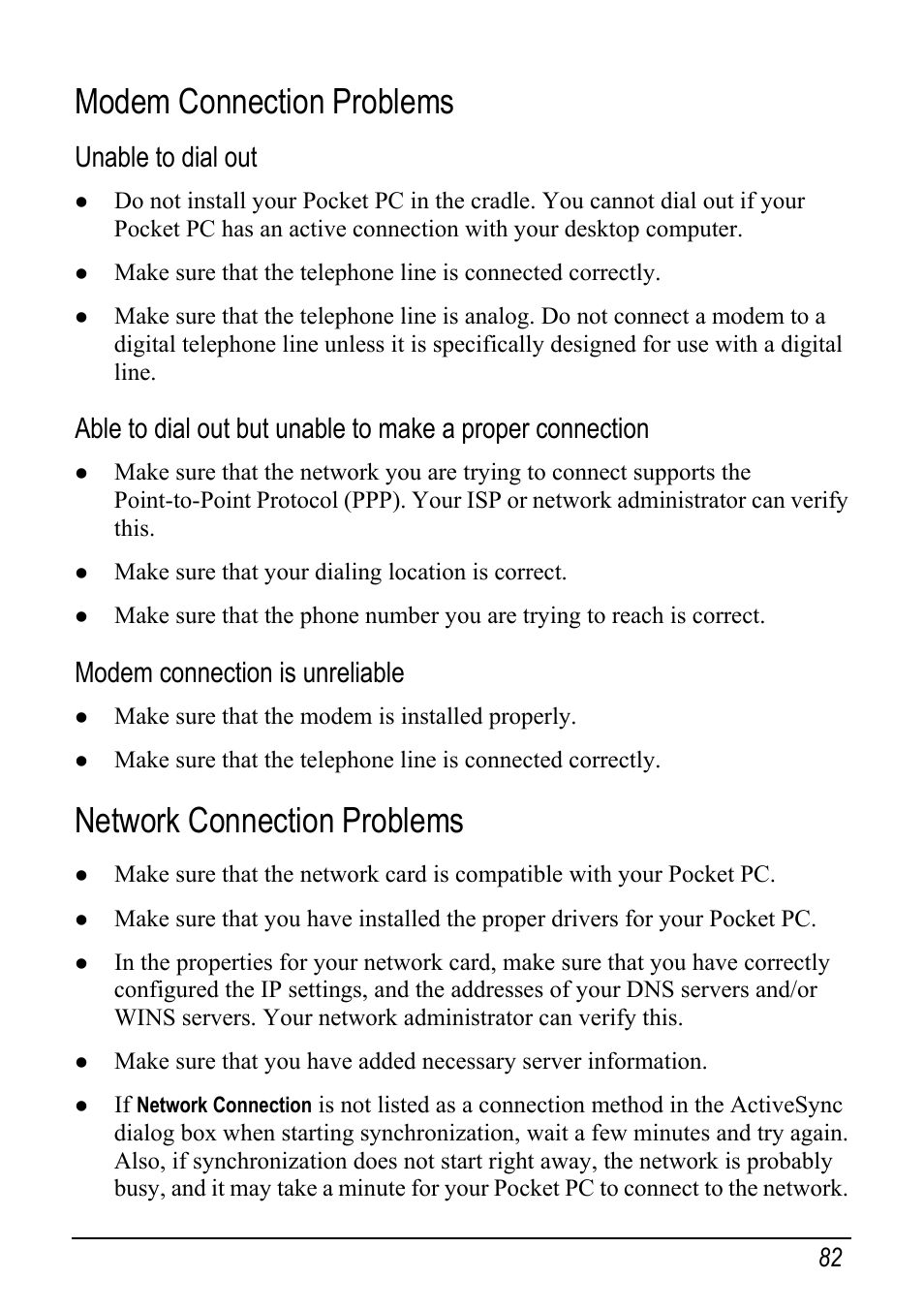 Modem connection problems, Network connection problems, Unable to dial out | M dem connection is unreliable | Mio pmn User Manual | Page 90 / 100