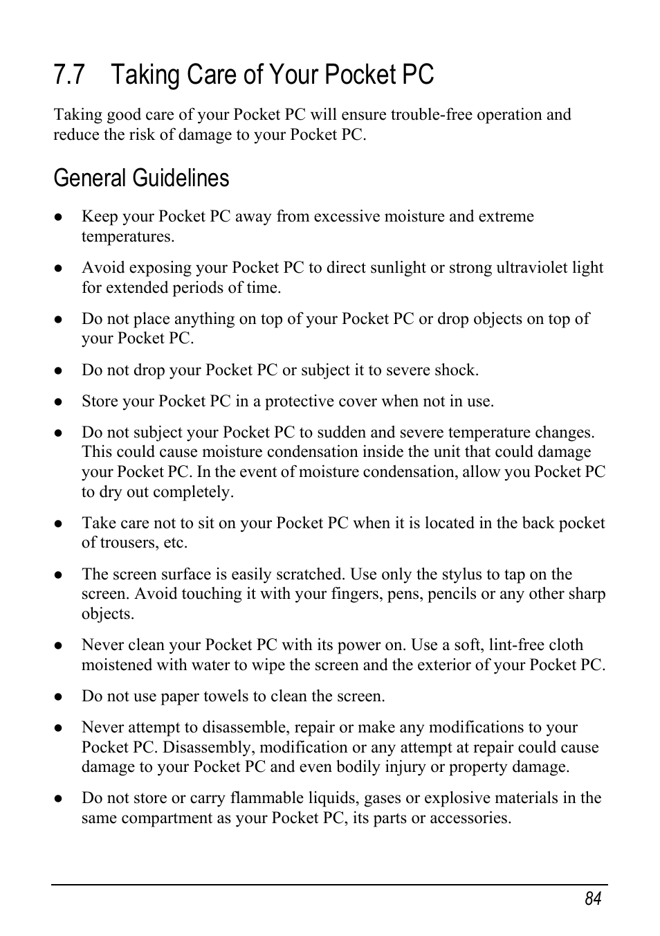 7 taking care of your pocket pc, General guidelines | Mio pmn User Manual | Page 92 / 100
