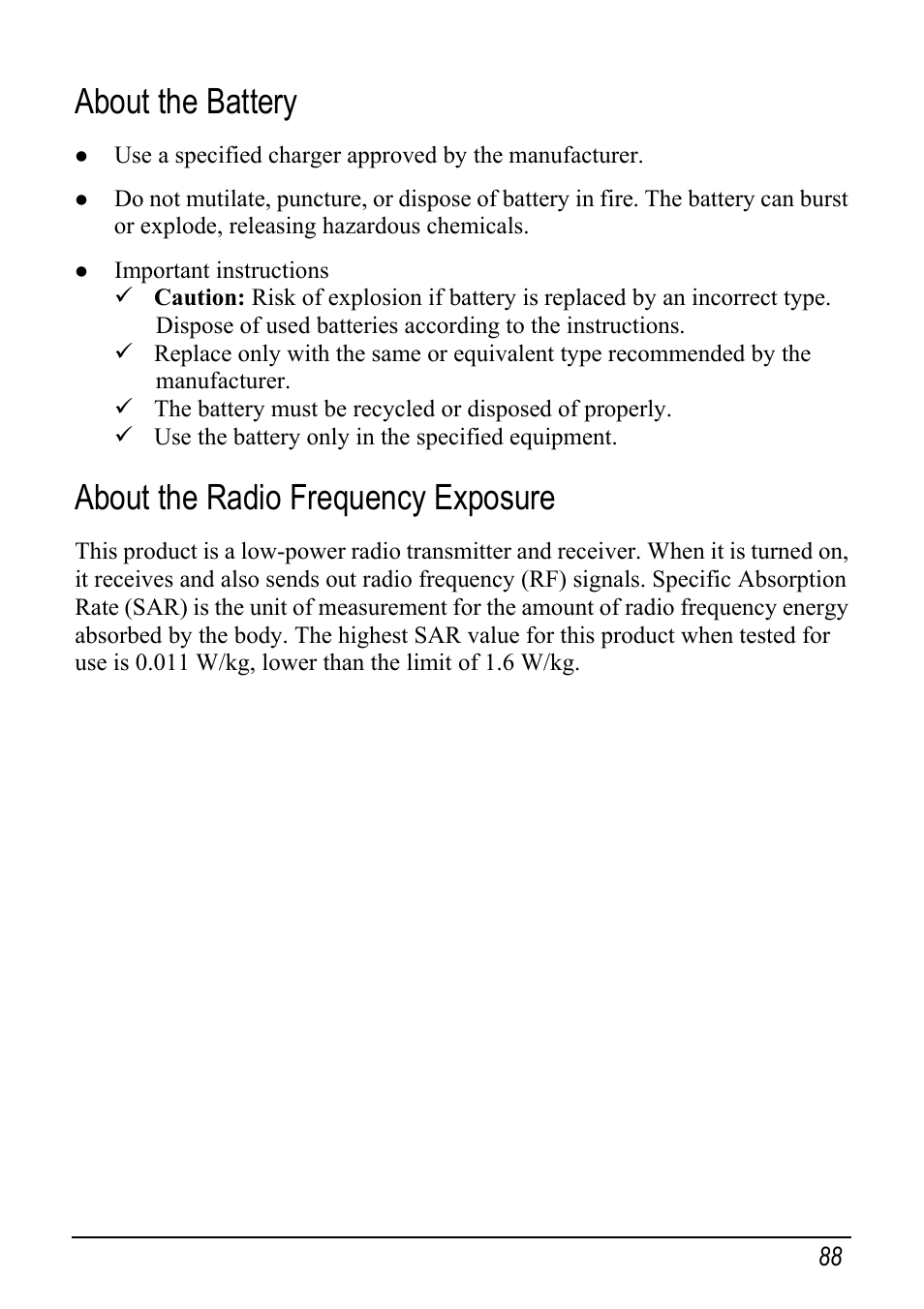 About the battery, About the radio frequency exposure | Mio pmn User Manual | Page 96 / 100