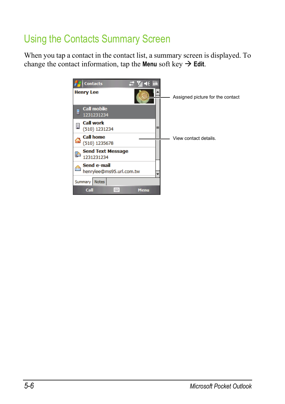 Using the contacts summary screen | Mio A501 User Manual | Page 100 / 202