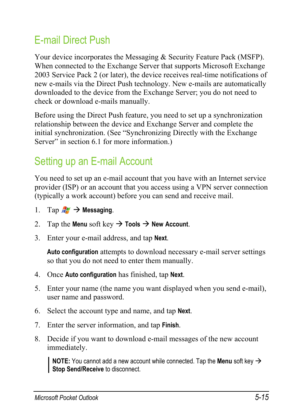 E-mail direct push, Setting up an e-mail account | Mio A501 User Manual | Page 109 / 202