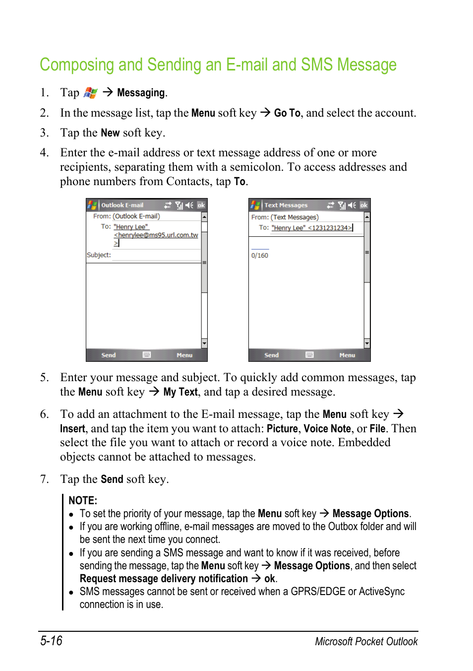 Composing and sending an e-mail and sms message | Mio A501 User Manual | Page 110 / 202