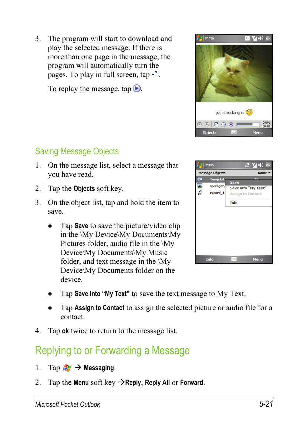 Replying to or forwarding a message, Saving message objects | Mio A501 User Manual | Page 115 / 202