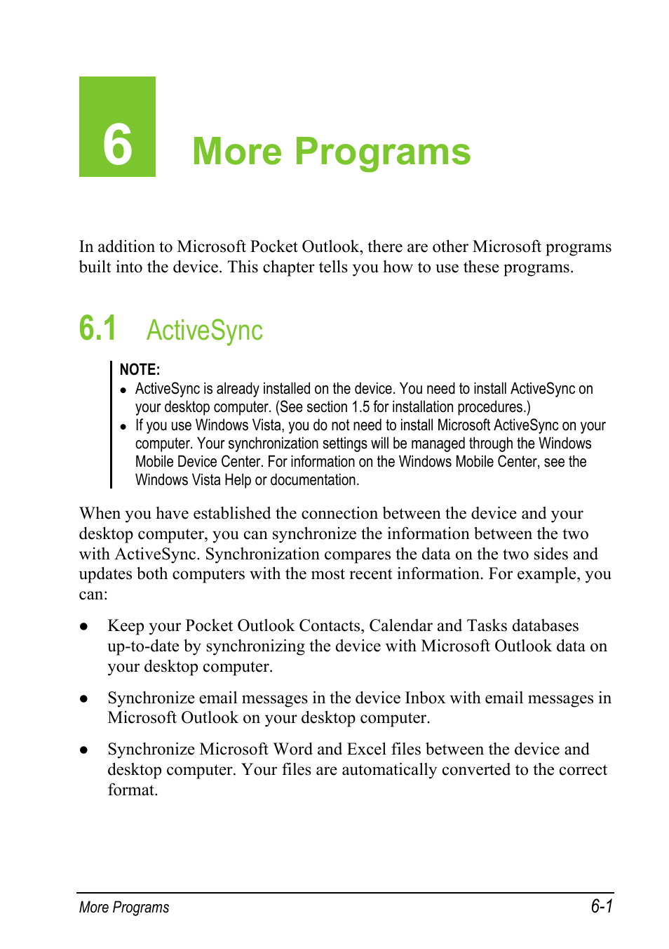 6 more programs, 1 activesync, More programs | Activesync | Mio A501 User Manual | Page 119 / 202