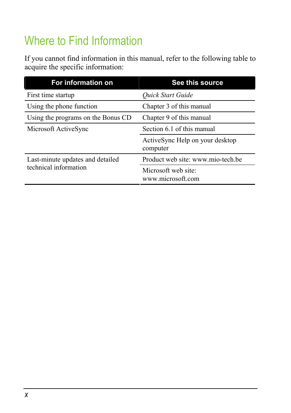 Where to find information | Mio A501 User Manual | Page 12 / 202