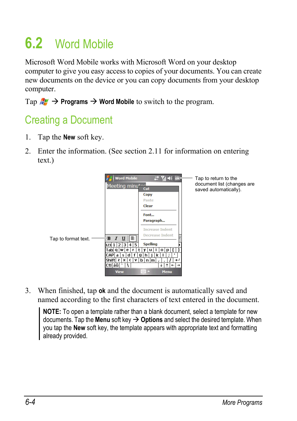 2 word mobile, Creating a document, Word mobile | Mio A501 User Manual | Page 122 / 202