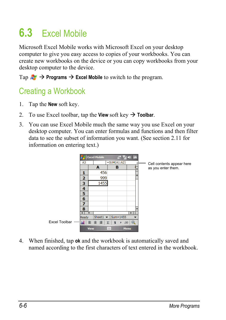 3 excel mobile, Creating a workbook, Excel mobile | Mio A501 User Manual | Page 124 / 202