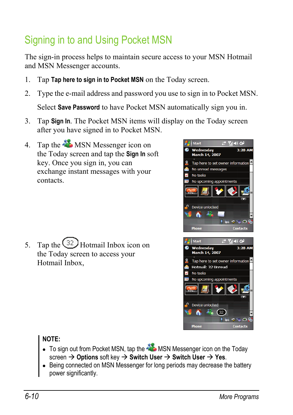 Signing in to and using pocket msn | Mio A501 User Manual | Page 128 / 202