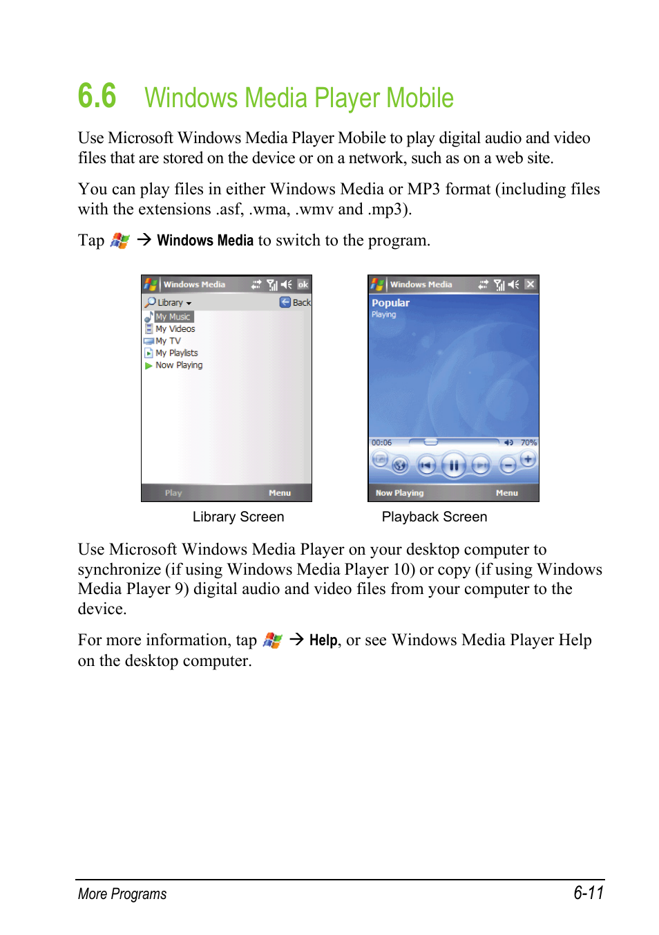 6 windows media player mobile, Windows media player mobile | Mio A501 User Manual | Page 129 / 202
