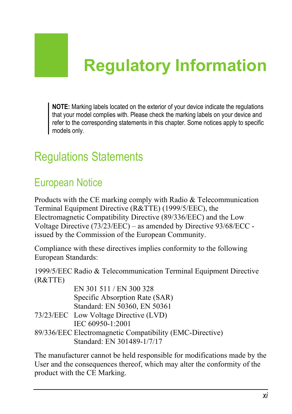 Regulatory information, Regulations statements, European notice | Mio A501 User Manual | Page 13 / 202