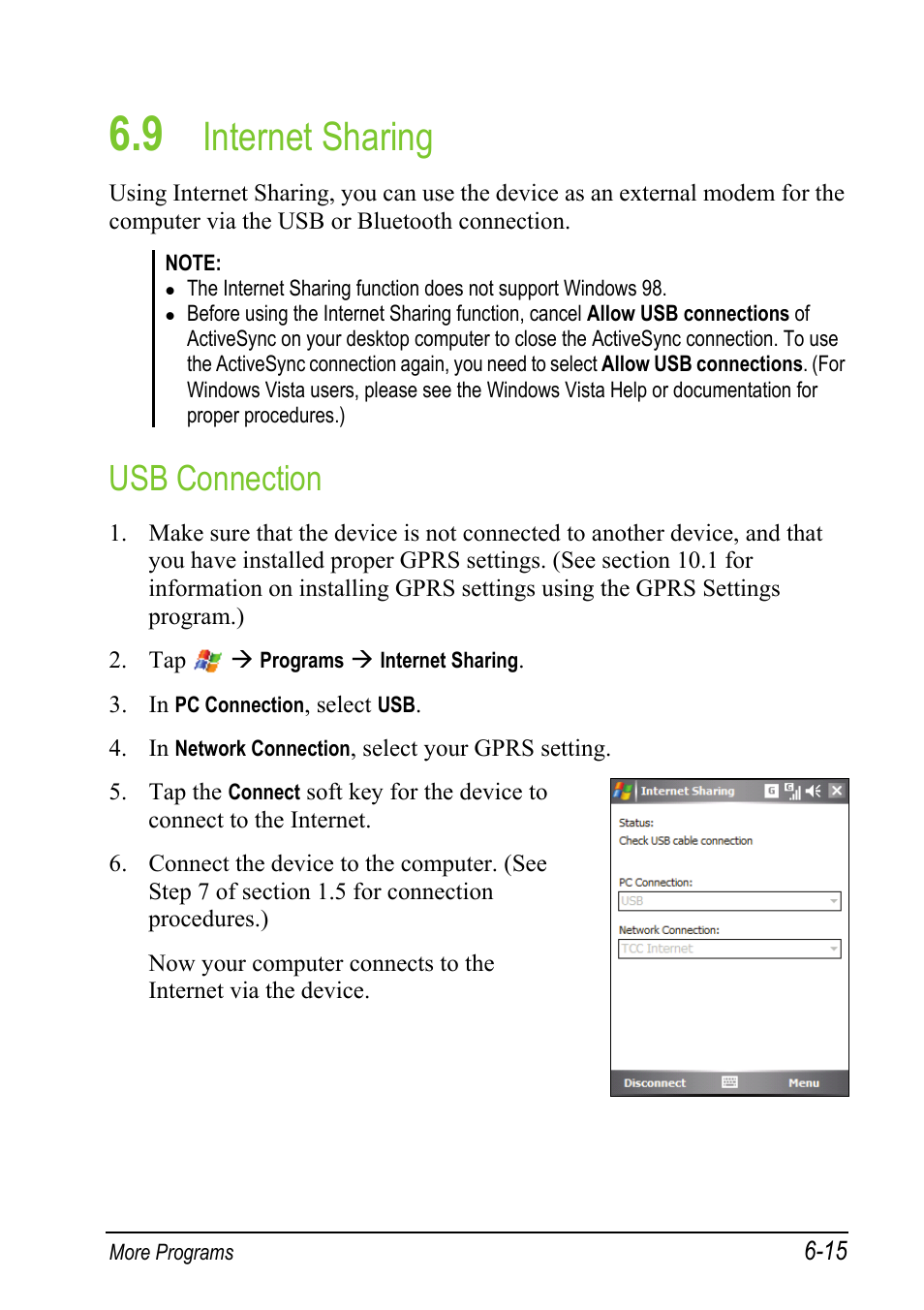 9 internet sharing, Usb connection, Internet sharing | Mio A501 User Manual | Page 133 / 202