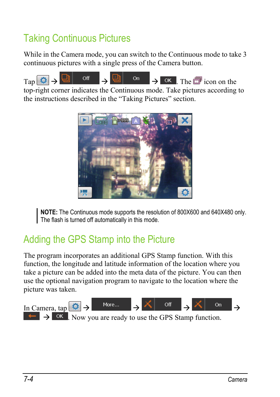 Taking continuous pictures, Adding the gps stamp into the picture | Mio A501 User Manual | Page 140 / 202