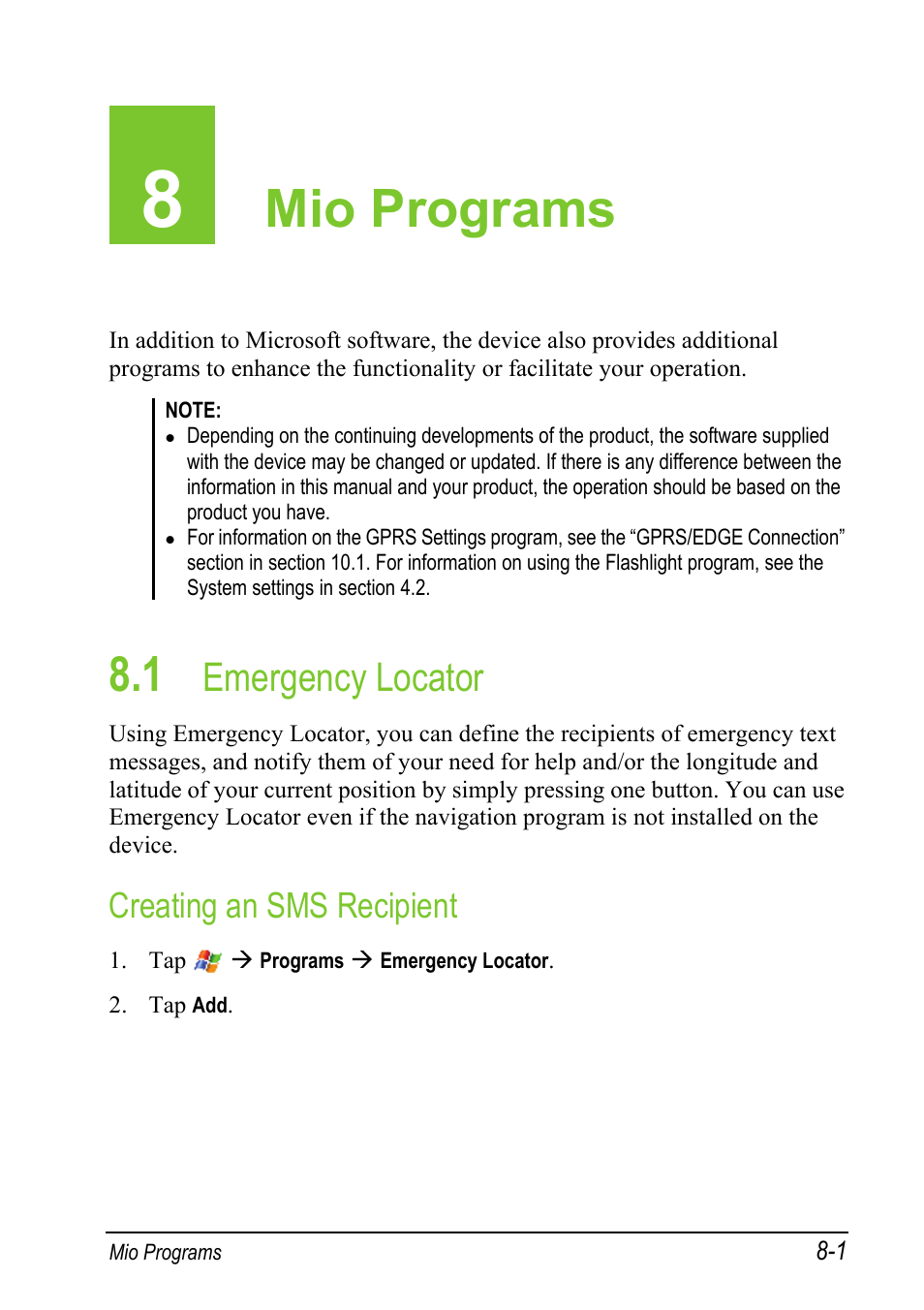 8 mio programs, 1 emergency locator, Creating an sms recipient | Mio programs, Emergency locator | Mio A501 User Manual | Page 147 / 202