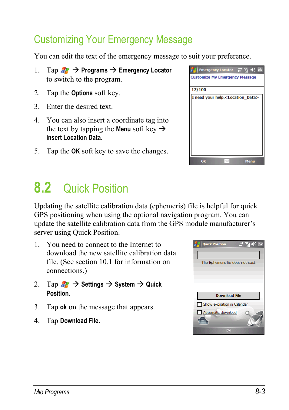 Customizing your emergency message, 2 quick position, Quick position | Mio A501 User Manual | Page 149 / 202