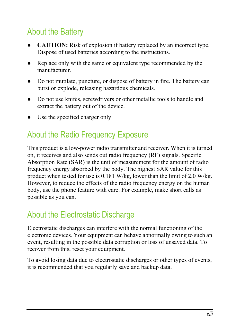 About the battery, About the radio frequency exposure, About the electrostatic discharge | Mio A501 User Manual | Page 15 / 202