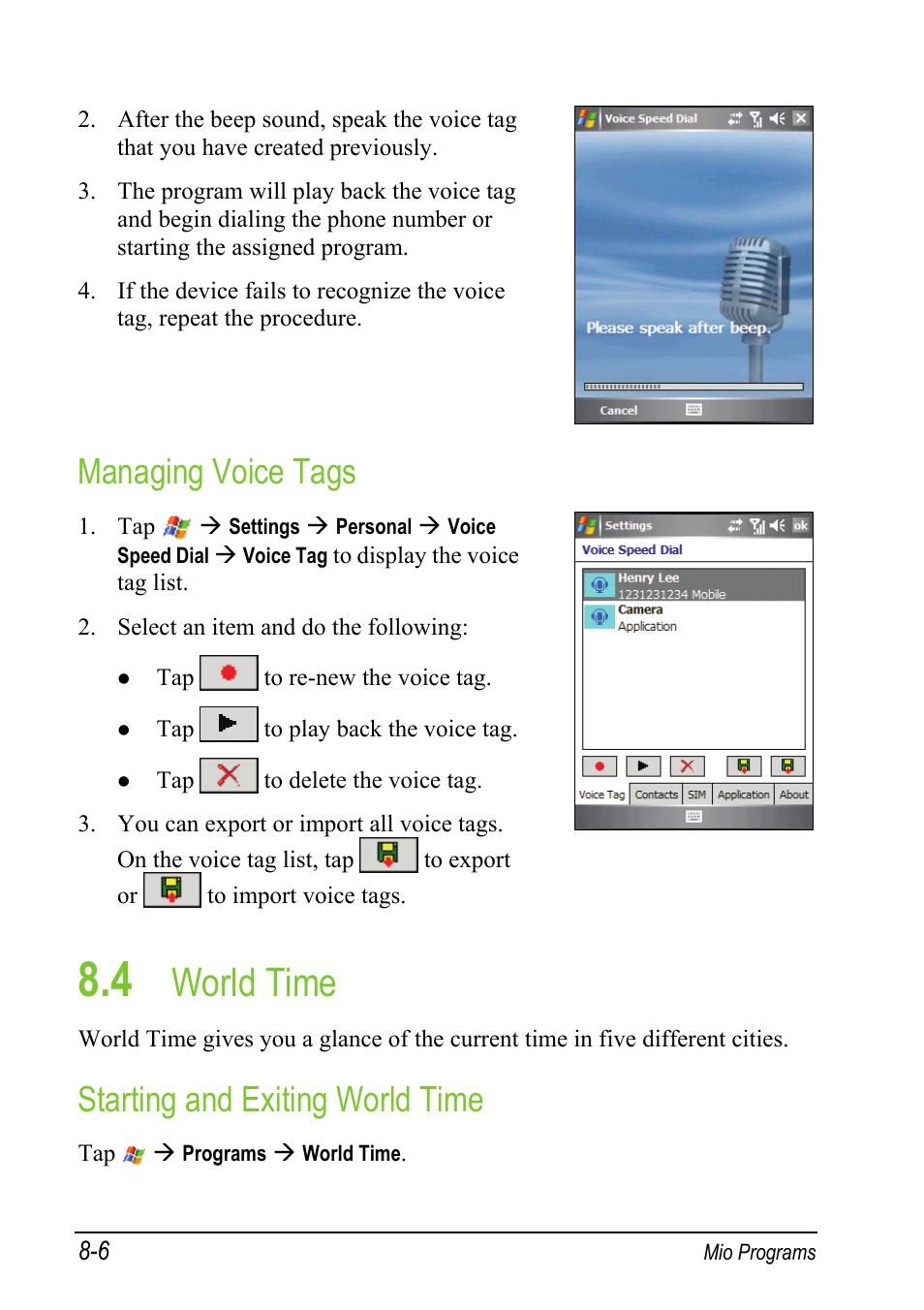 Managing voice tags, 4 world time, Starting and exiting world time | World time | Mio A501 User Manual | Page 152 / 202