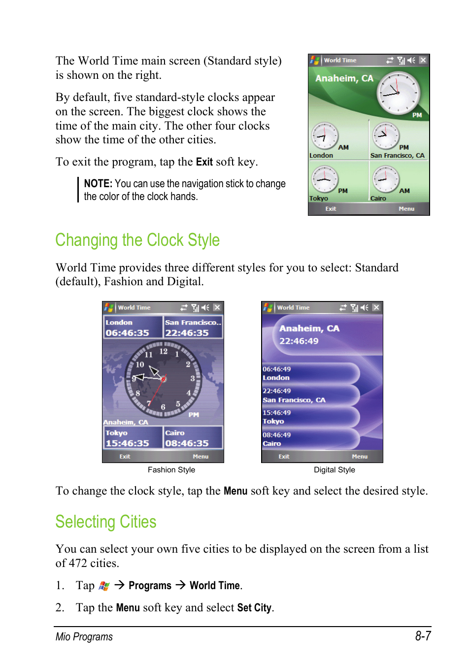 Changing the clock style, Selecting cities | Mio A501 User Manual | Page 153 / 202