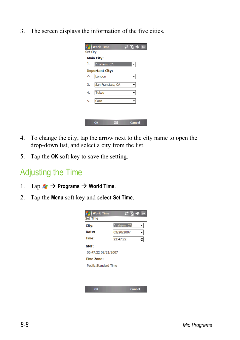 Adjusting the time | Mio A501 User Manual | Page 154 / 202