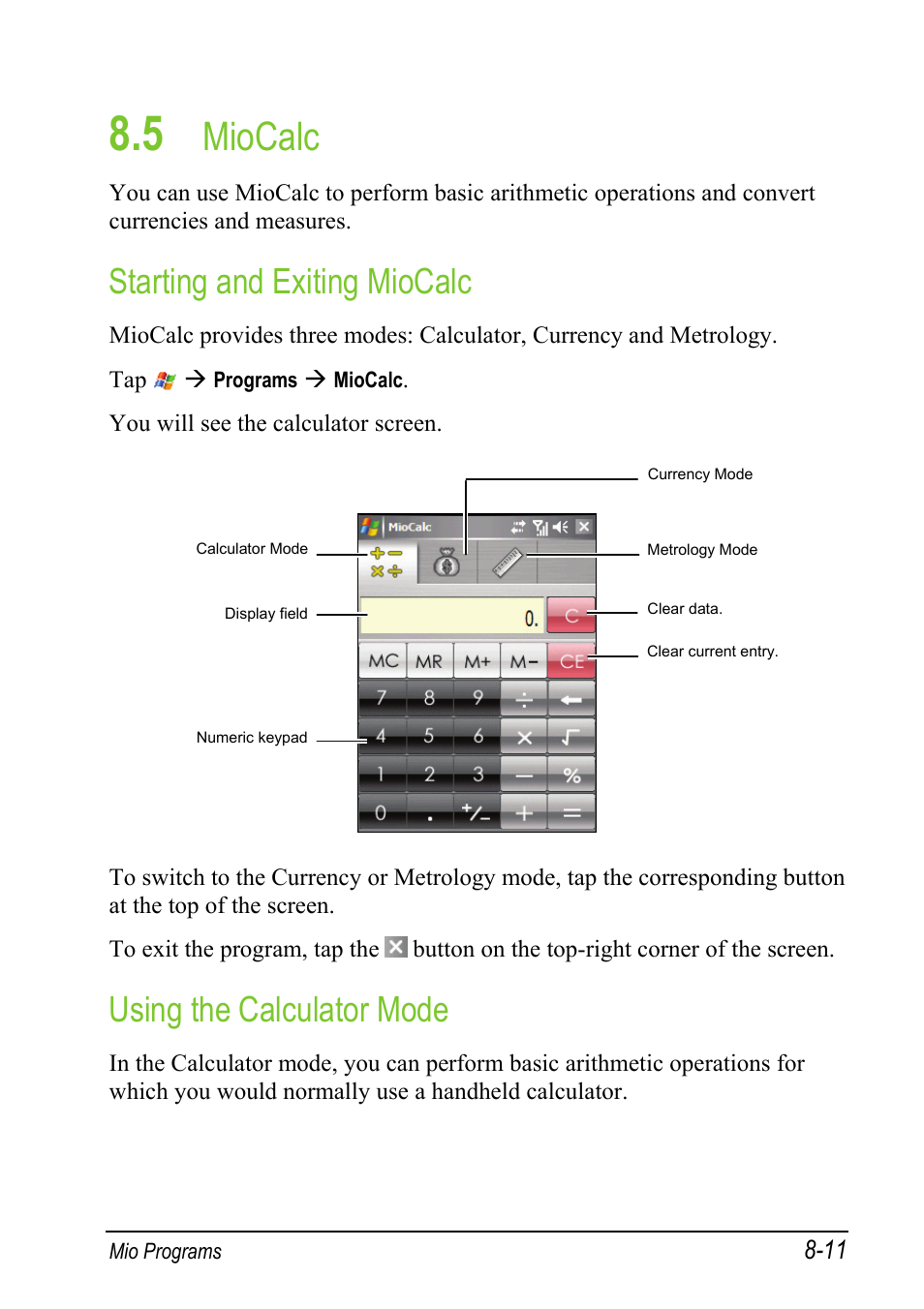 5 miocalc, Starting and exiting miocalc, Using the calculator mode | Miocalc | Mio A501 User Manual | Page 157 / 202