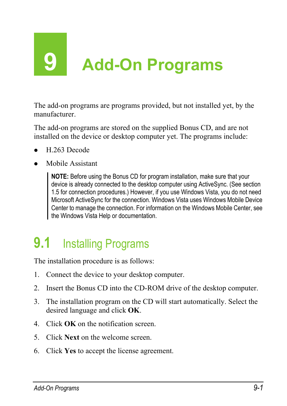 9 add-on programs, 1 installing programs, Add-on programs | Installing programs | Mio A501 User Manual | Page 165 / 202