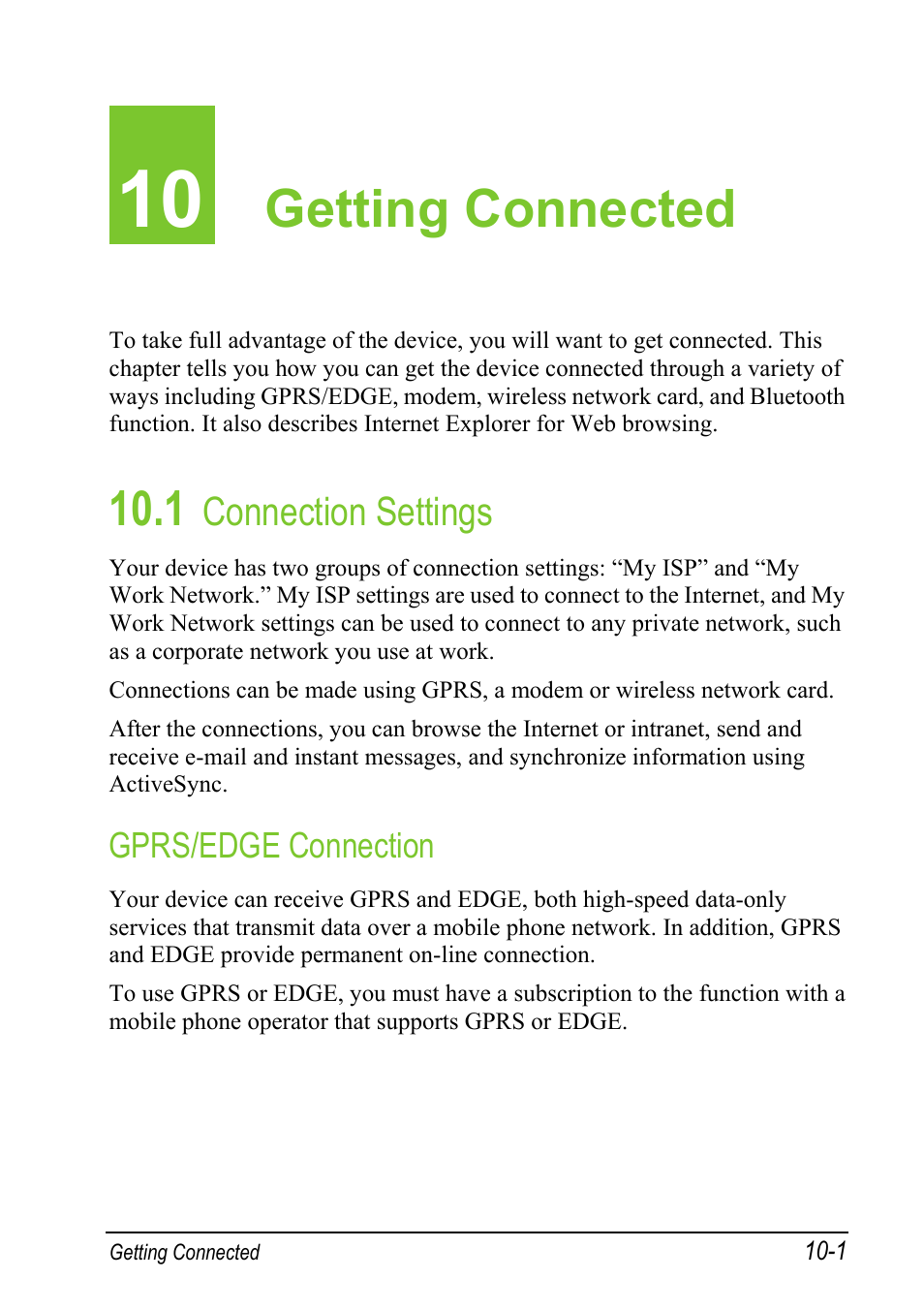 10 getting connected, 1 connection settings, Gprs/edge connection | Getting connected | Mio A501 User Manual | Page 179 / 202