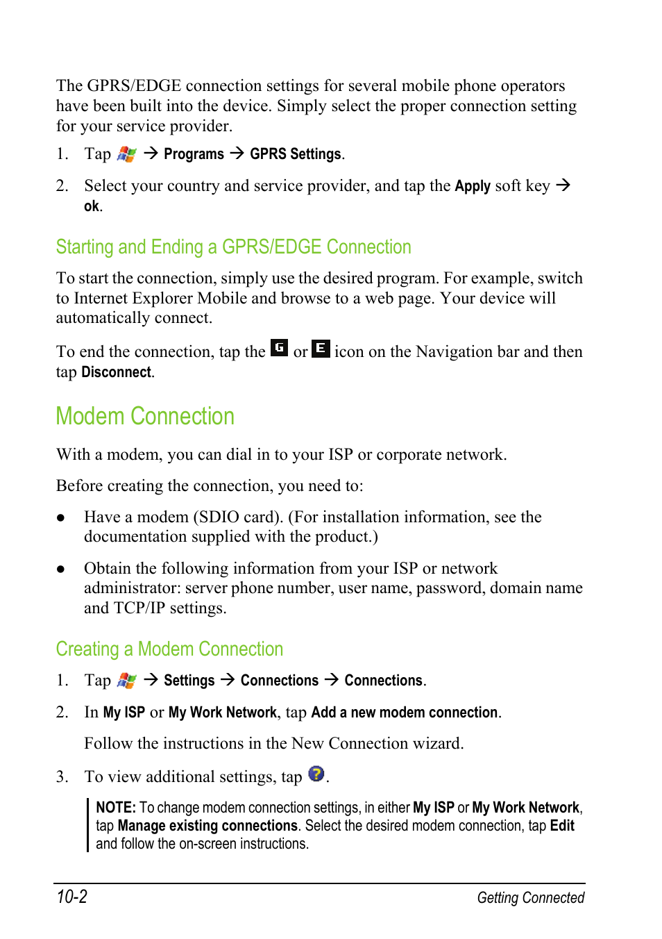 Modem connection, Starting and ending a gprs/edge connection, Creating a modem connection | Mio A501 User Manual | Page 180 / 202